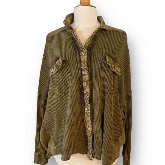 Free People Tops - FP Free People Scout Jacket Waffle Knit Oversized Layering Shirt Green Small